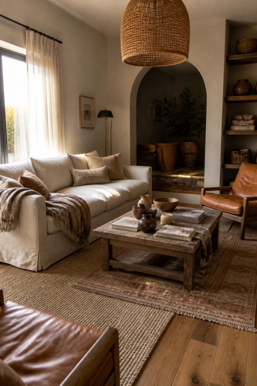 A living room featuring a white sofa, brown leather chair, wooden coffee table, layered rugs, and a large woven pendant light hanging from the ceiling.