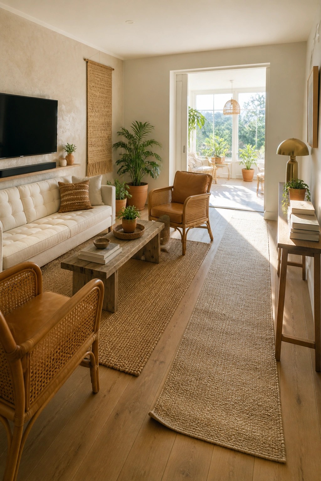 A bright living room with a white tufted sofa, brown leather and rattan chairs, a wooden coffee table on layered jute rugs, and several potted plants.