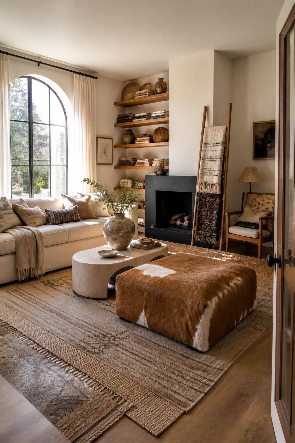 Cozy living room with white sofa, cowhide ottoman, arched window, and fireplace