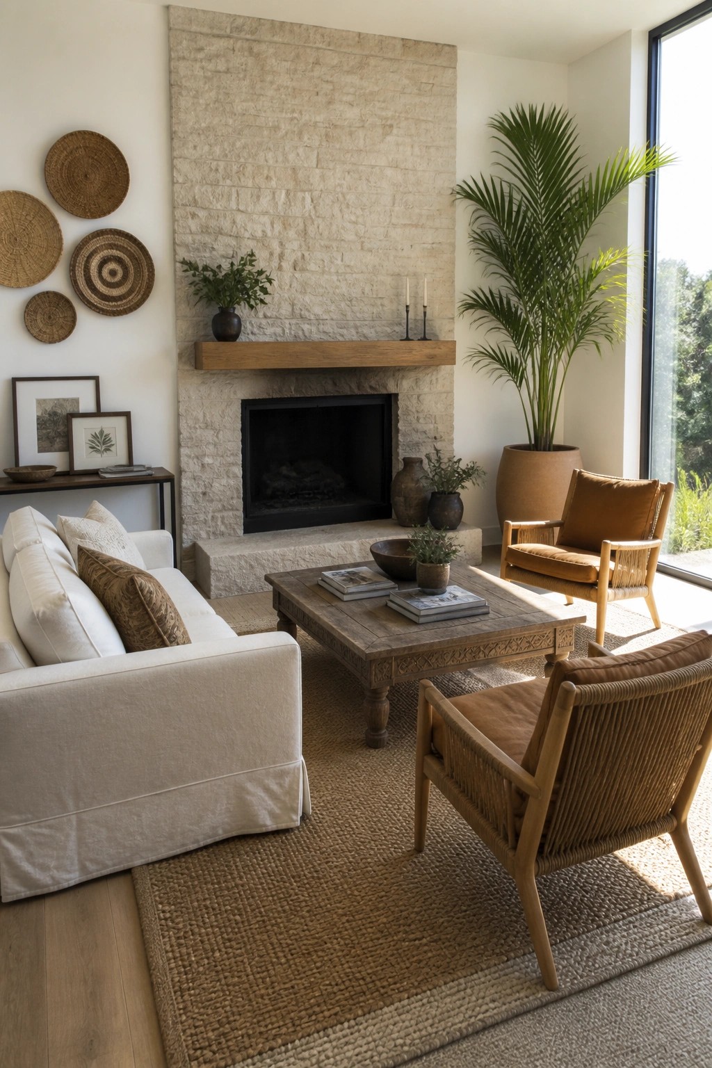 A living room featuring a cream sofa, camel upholstered armchairs, a wooden coffee table, and a stone fireplace on a large woven rug.