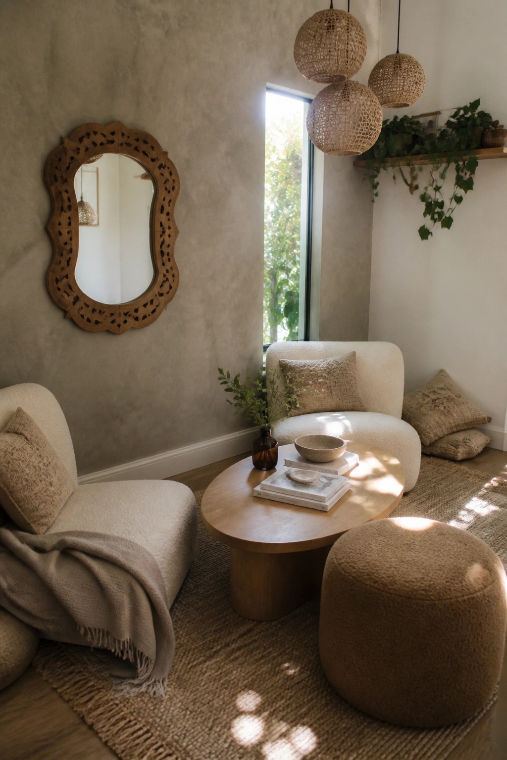 A neutral living room corner with cream boucle chairs, a round wooden coffee table on a jute rug, woven pendant lights, and a carved wooden mirror on a gray wall.