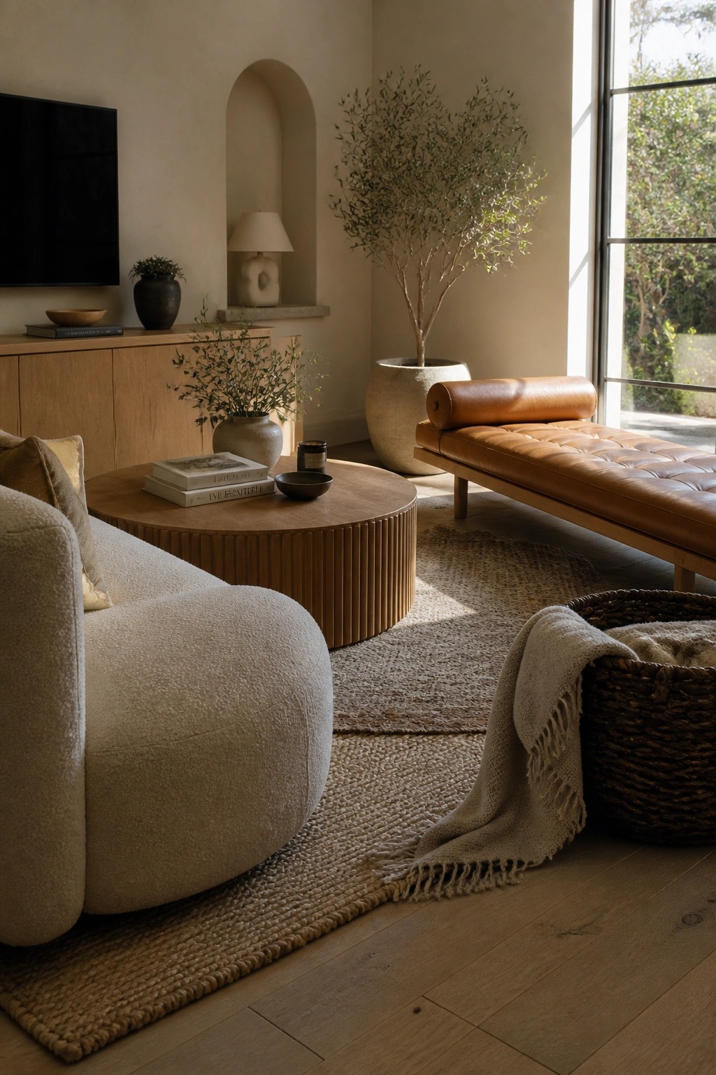 A modern living room featuring a white boucle armchair, round wooden coffee table with vertical ribbing, brown leather chaise lounge, layered woven rugs, and a large potted tree near a window.