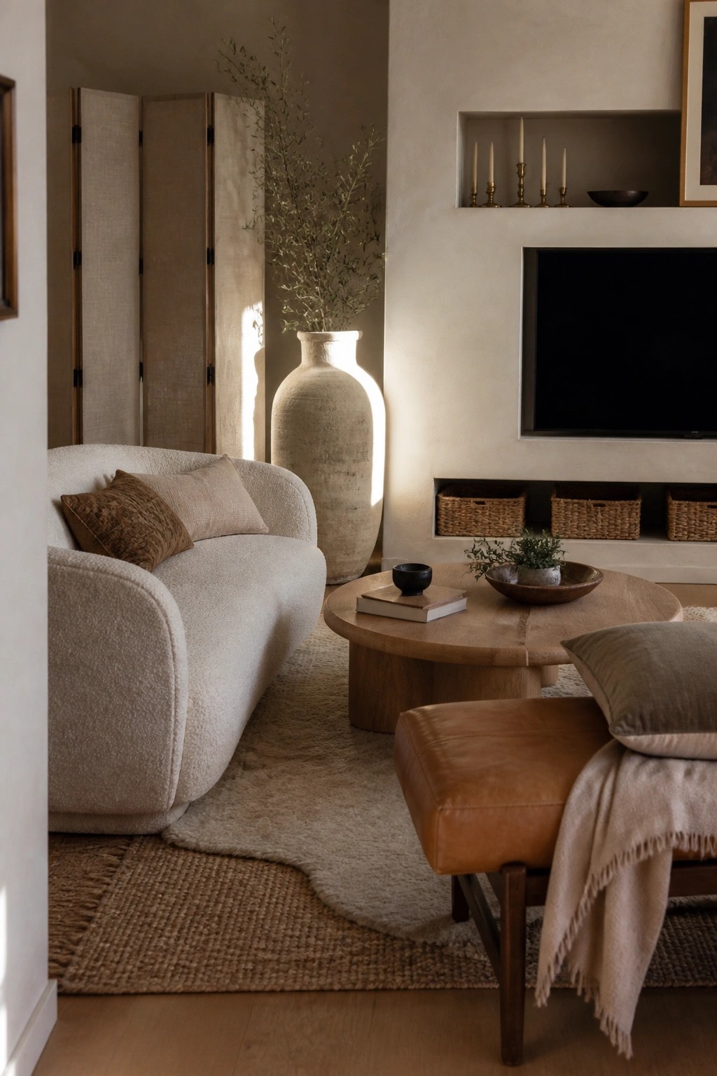 A living room featuring a curved cream boucle sofa, a large round wooden coffee table on a beige rug, a brown leather ottoman, and a tall ceramic vase with branches.