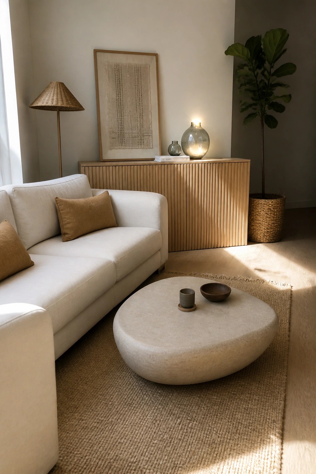 Minimalist living room with white sofa, round stone table, wooden cabinet, and potted plant.