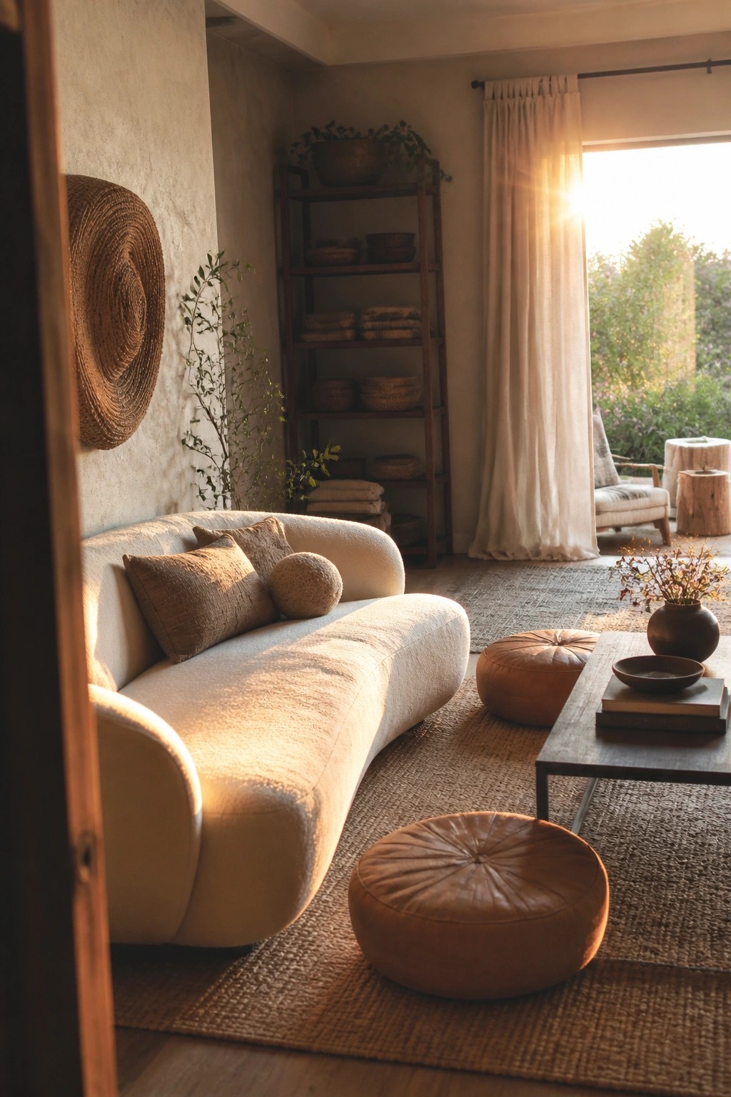 A cream curved sofa sits on a woven rug with two brown leather ottomans and a dark wood coffee table in a living room with wooden shelves and a large window with sheer curtains.