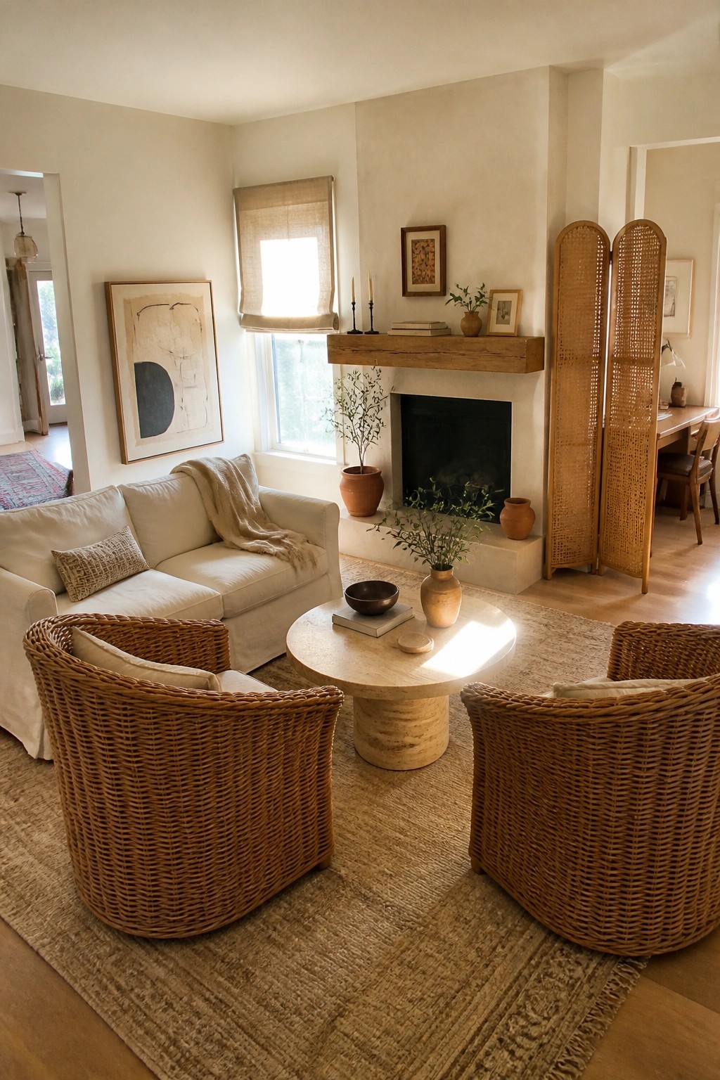 Cozy living room with white sofa, wicker chairs, round stone table, and fireplace mantel