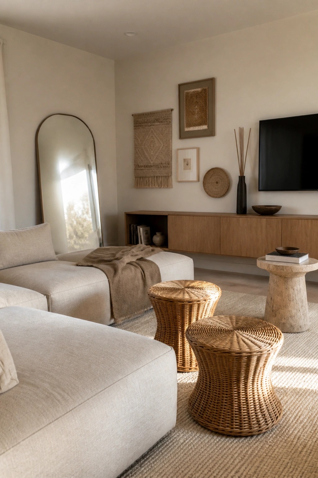 A living room with a cream sectional sofa, two woven rattan stools on a textured rug, and a wooden console under wall decor including macrame and framed art.