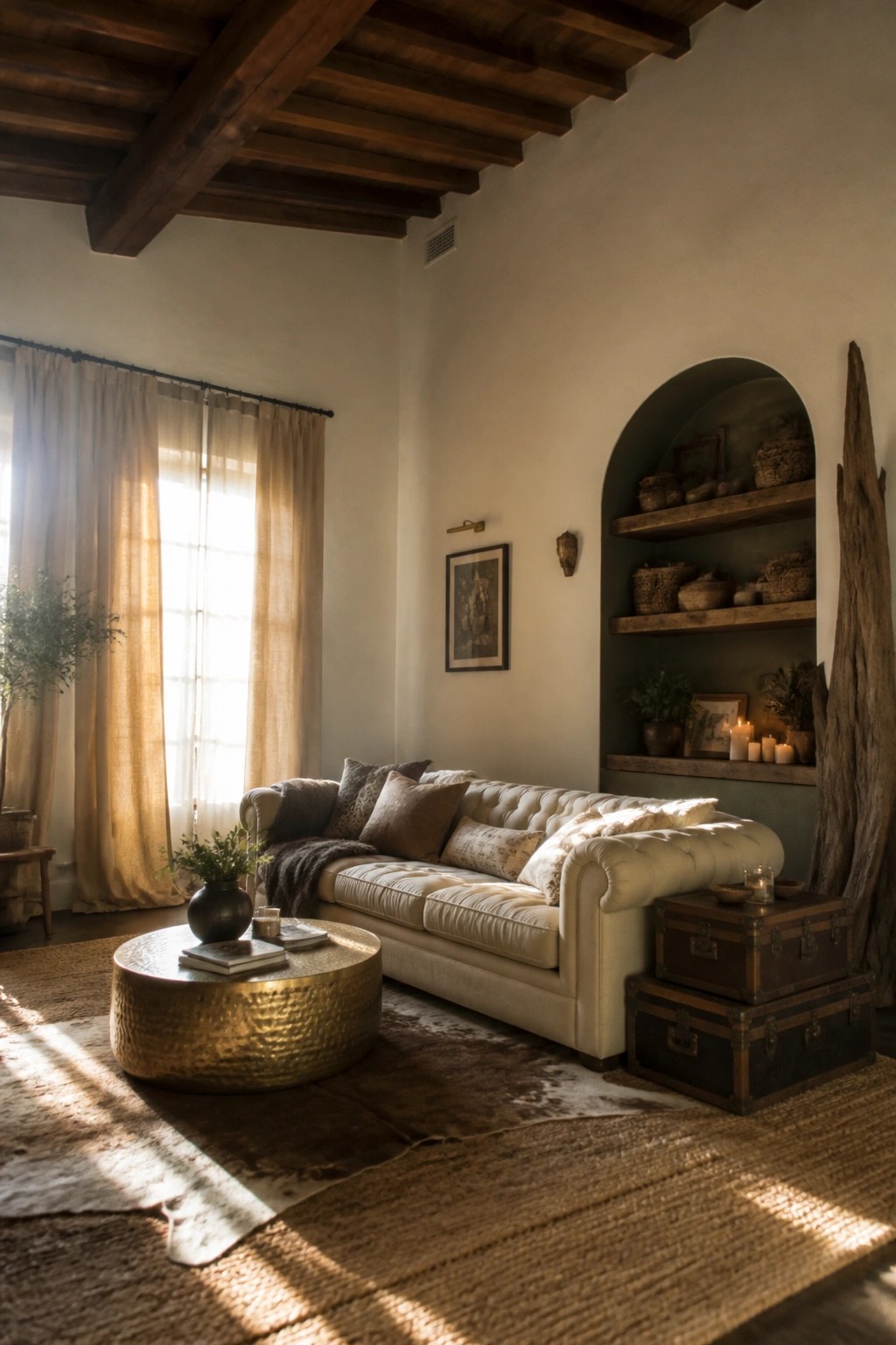 Cozy living room with tufted sofa, hammered gold table, and arched shelves