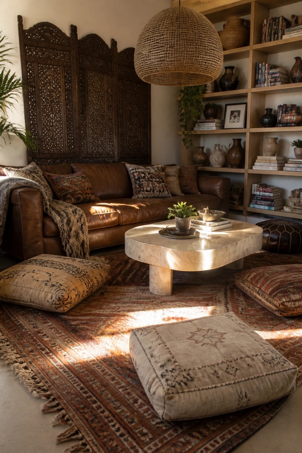 A living room with a brown leather sofa, stone coffee table, large patterned rug, several floor cushions, built-in bookshelves, and a woven pendant light.