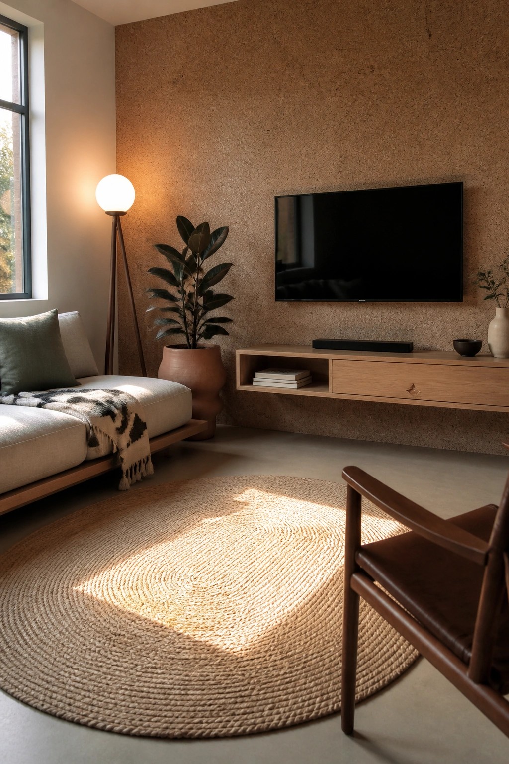 A living room with a large cork textured accent wall, wall-mounted TV above a light wood floating console, round jute rug, sofa, and large potted plant.