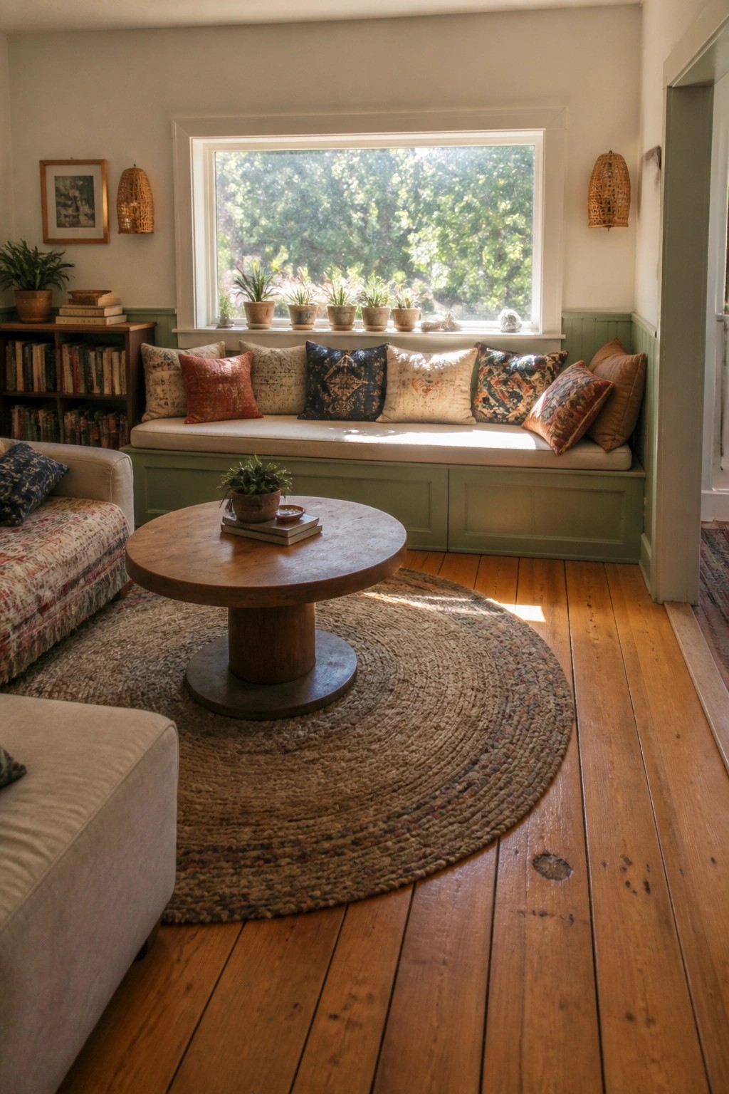 A living room featuring a green built-in window seat with patterned pillows beneath a large window, a round wooden coffee table on a round jute rug, and a wooden bookshelf along the left wall.