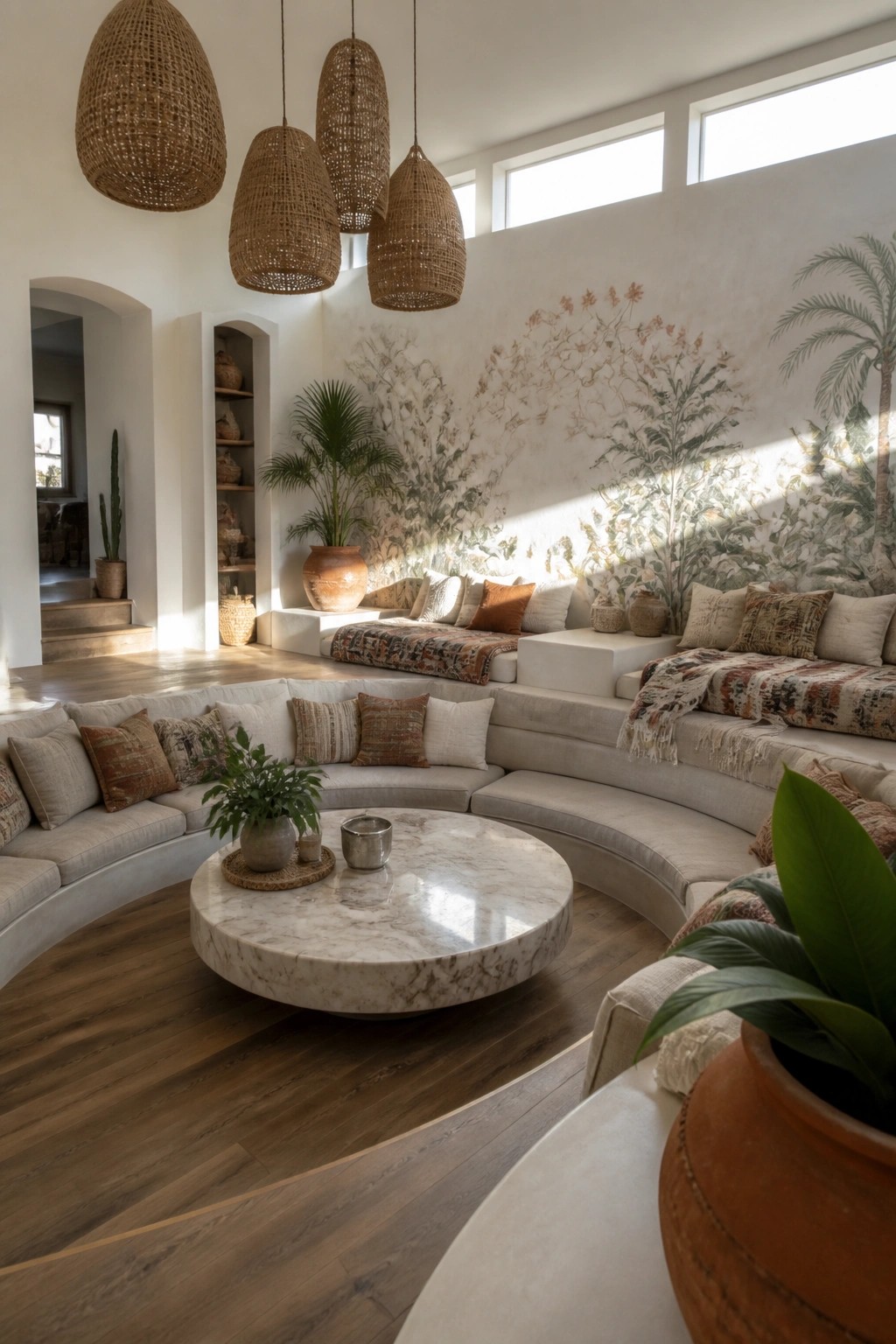 Bohemian lounge with curved sectional sofa, marble table, woven pendants, and botanical mural