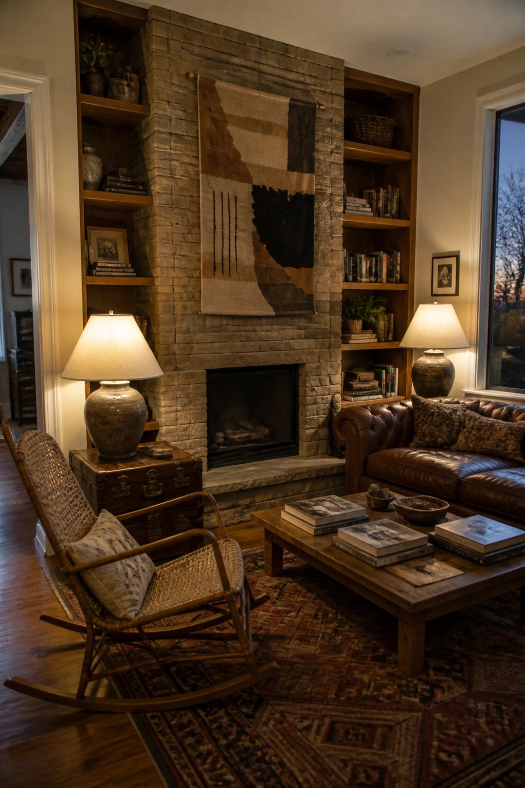 A living room with a stone fireplace flanked by wooden built-in bookshelves, a brown leather sofa, a wicker rocking chair, and a wooden coffee table on a patterned rug.