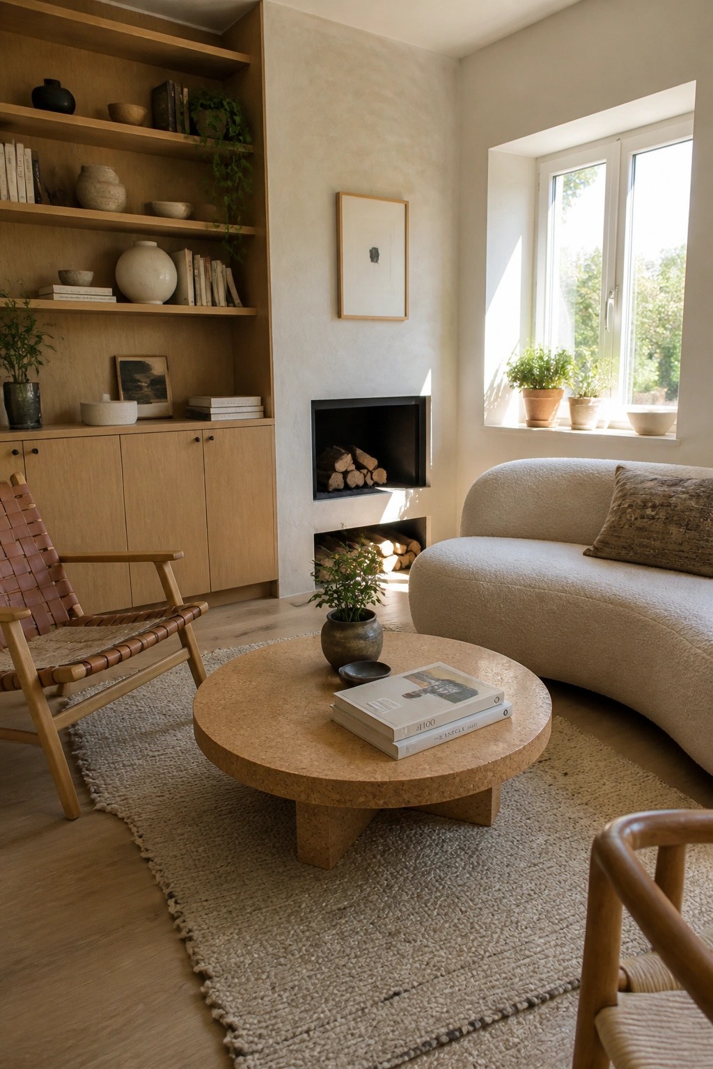 Minimalist living room with wooden shelves, fireplace, round cork table, and curved sofa
