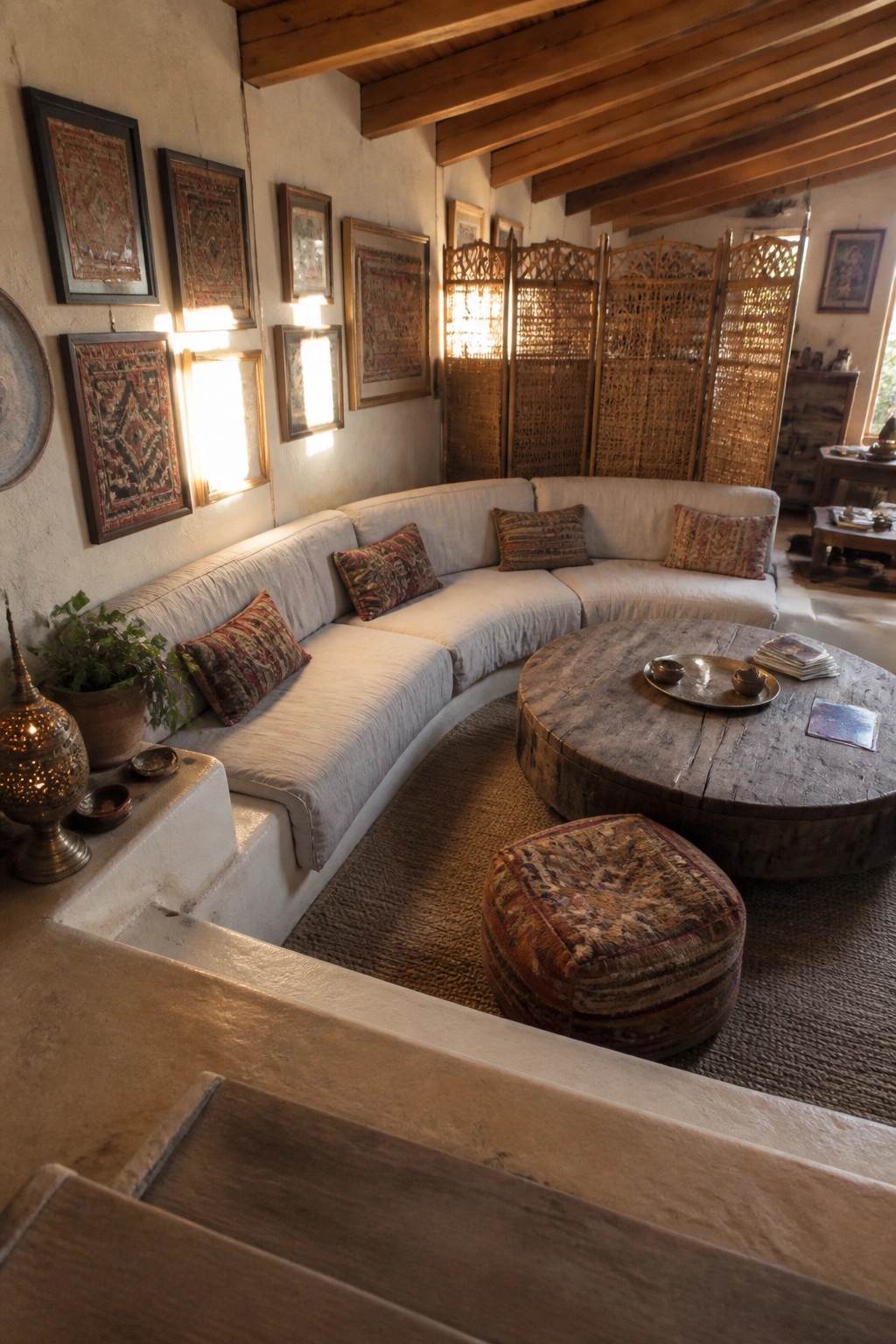A living room featuring a large curved sectional sofa, a round wooden coffee table, a patterned ottoman, and framed textiles on the walls.