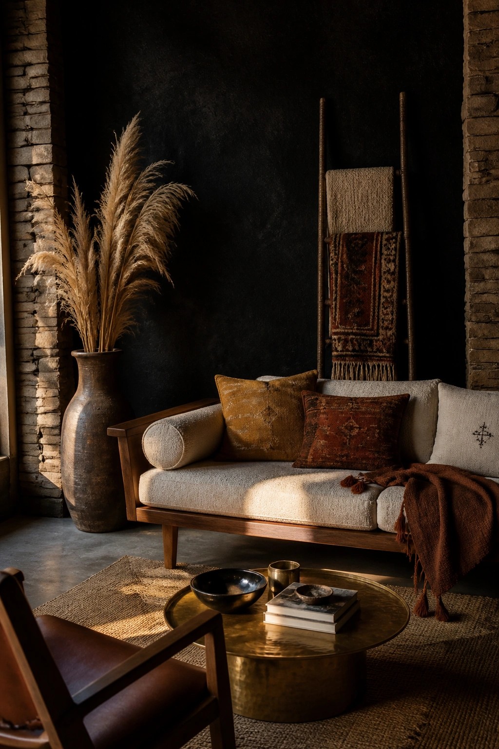 A living room with a dark wall behind a wooden sofa, earth-toned pillows, a large vase of dried grass, a brass coffee table, and a textile ladder.