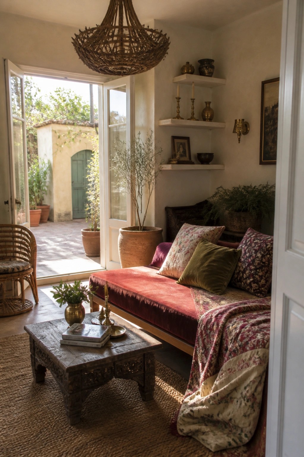 A bohemian living room with a red upholstered daybed layered with pillows and a patterned throw, a carved wooden coffee table on a jute rug, and open doors to an outdoor patio.