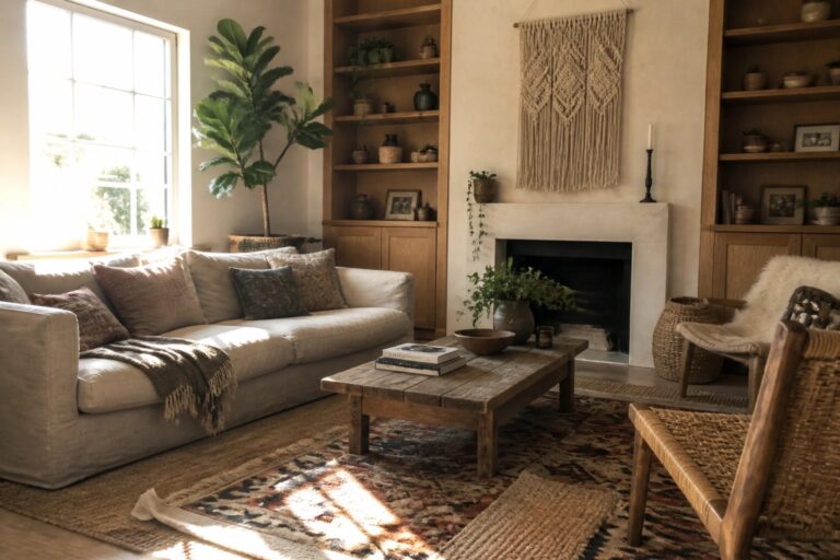 23 Stylish Boho Living Room Ideas That Feel Effortlessly Put Together Cozy living room with white sofa, rustic coffee table, macrame, and fiddle-leaf fig plant