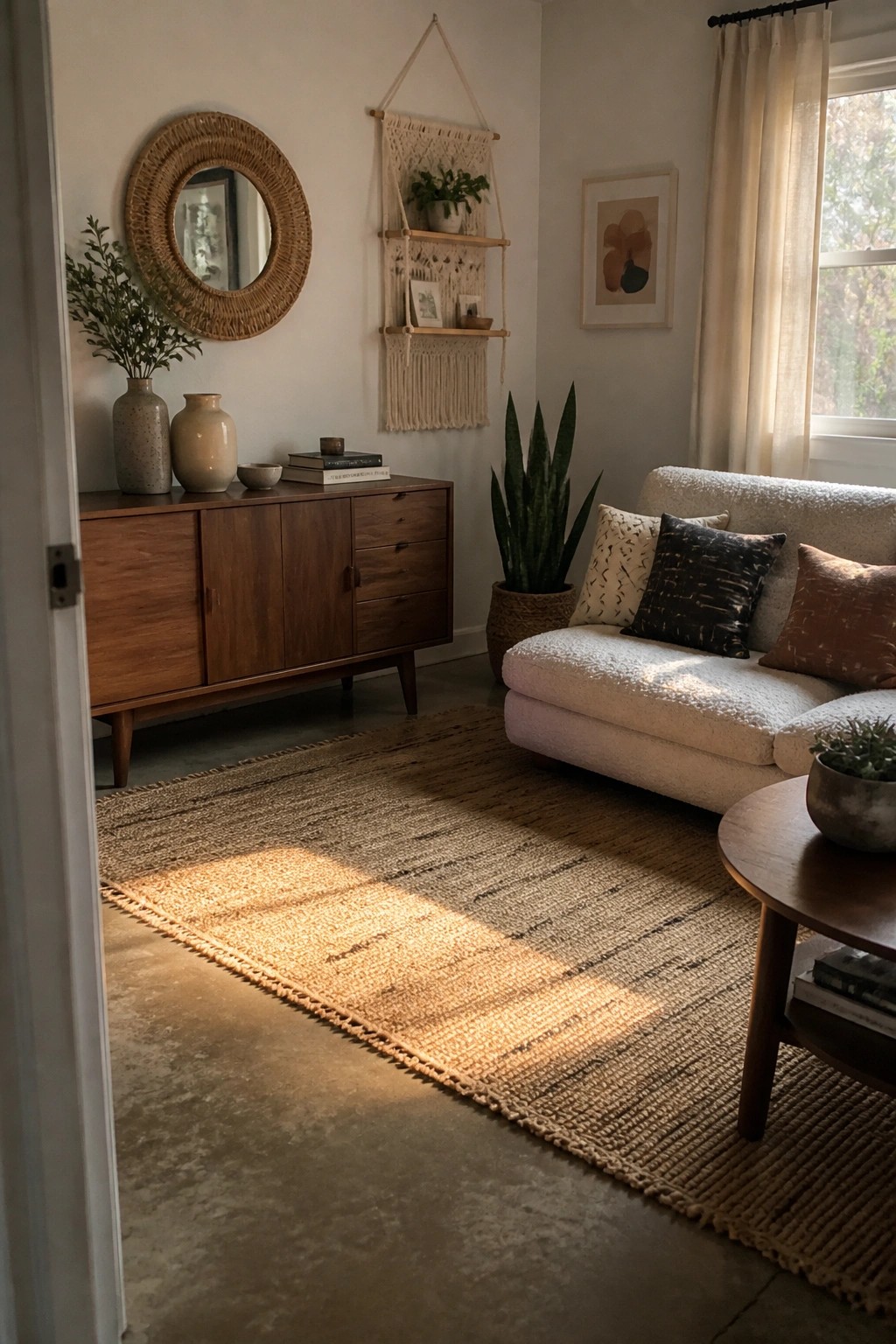 A boho living room featuring a large light brown jute rug, wooden console table with vases, macrame wall hanging, snake plant, and white bouclé sofa with pillows.