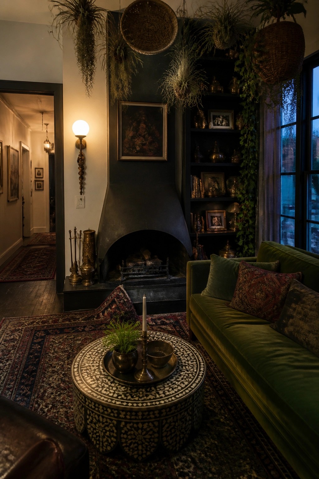 A living room featuring a large black fireplace, built-in dark shelves filled with plants and objects, a green velvet sofa with patterned pillows, and multiple hanging plants from the ceiling.