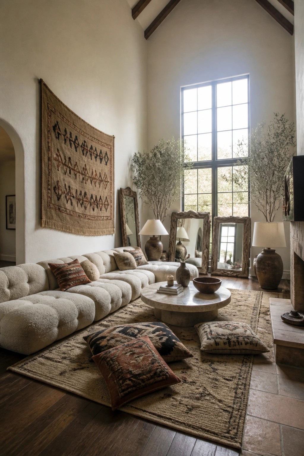 A large living room with a curved tufted sectional sofa, layered patterned rugs, scattered floor pillows, a round stone coffee table, and tall windows letting in natural light.