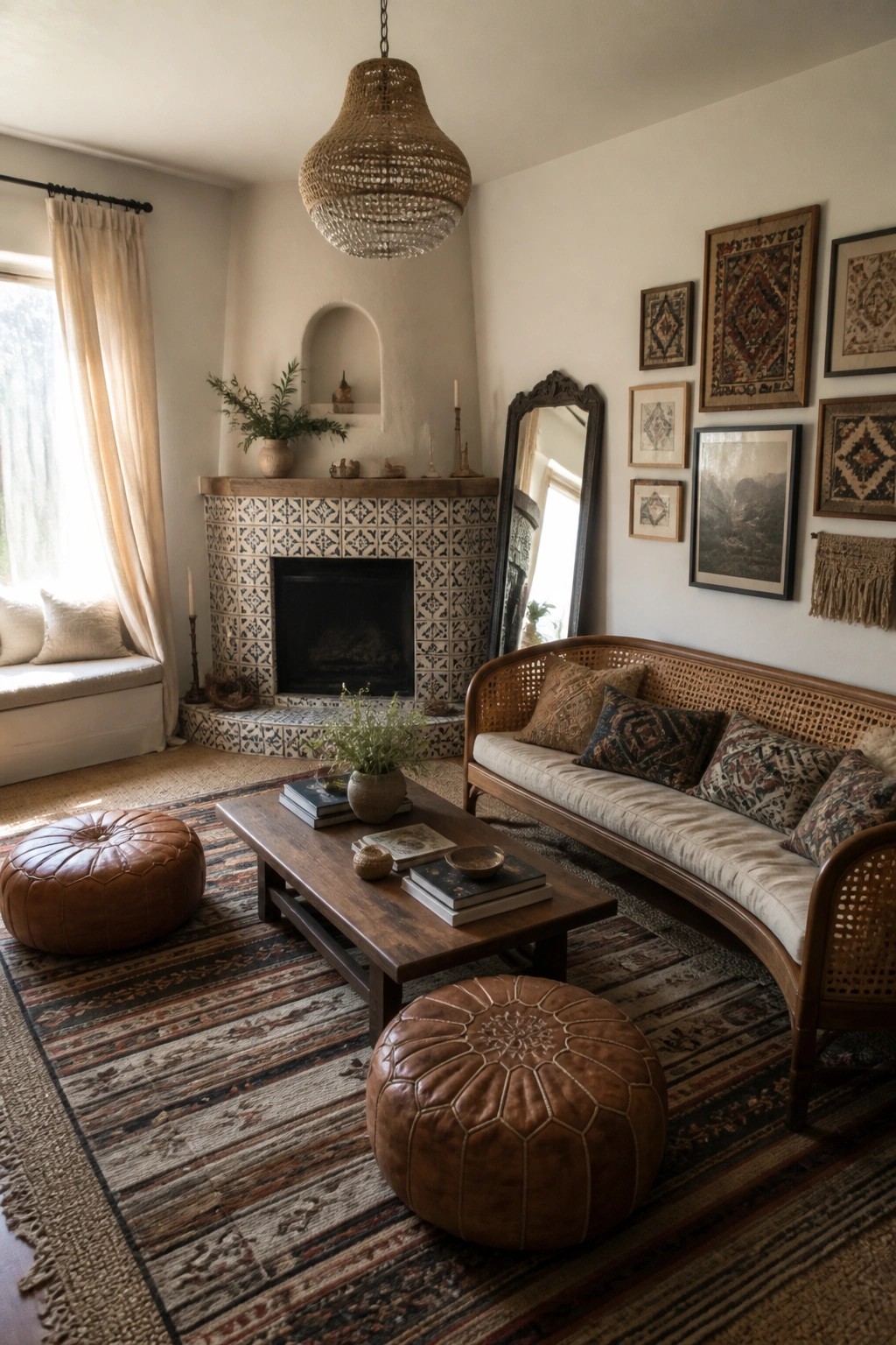 Cozy bohemian living room with tiled fireplace, rattan sofa, leather poufs, and woven chandelier.