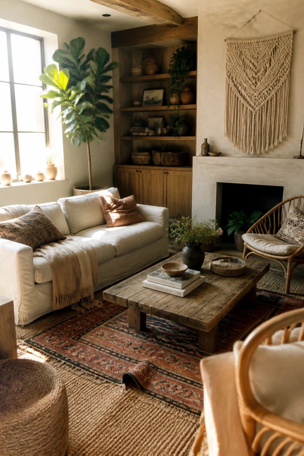 Cozy living room with white sofa, rustic coffee table, macrame, and fiddle-leaf fig plant