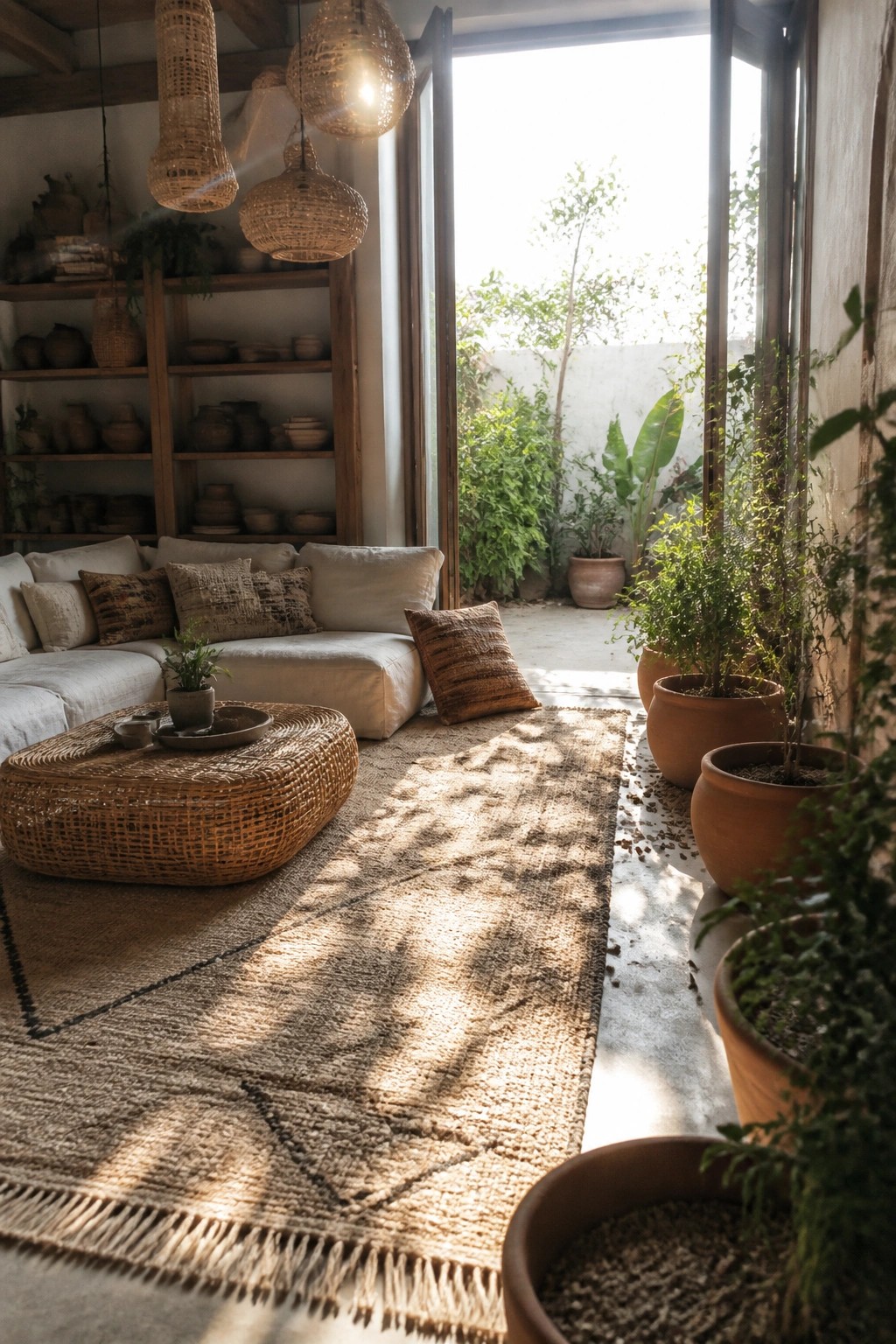 A boho living room with a large fringed jute rug, woven ottoman, white sofa with patterned pillows, hanging woven pendant lights, and wooden shelves holding pottery, next to open doors leading outside.