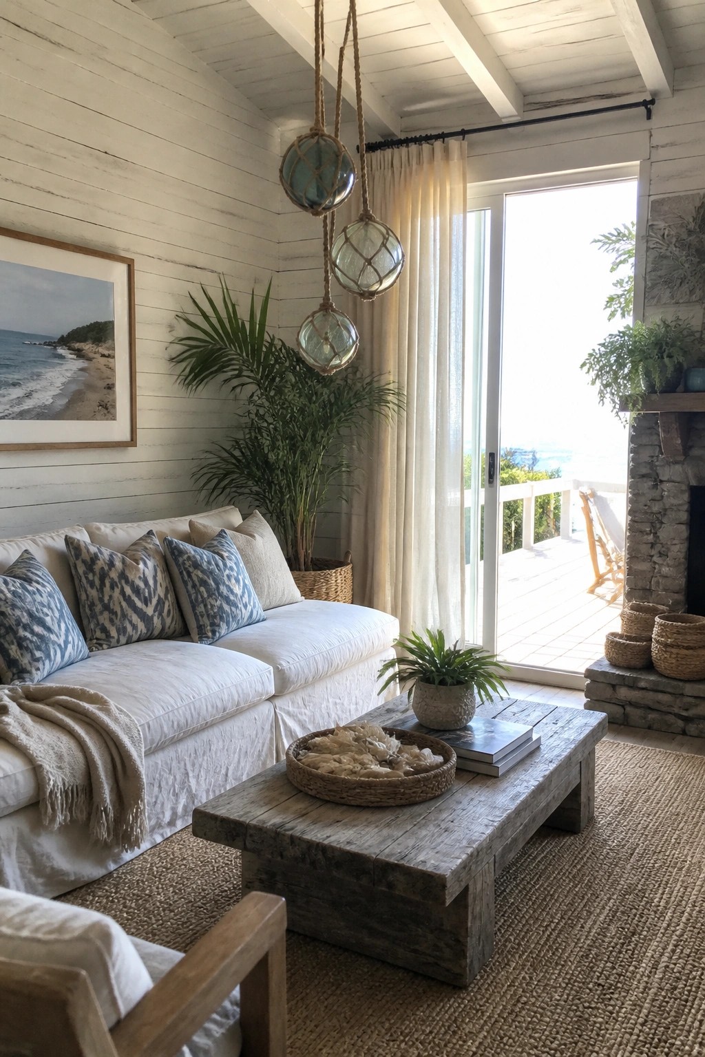 Coastal living room with white sofa, blue pillows, rustic table, and ocean-view doors