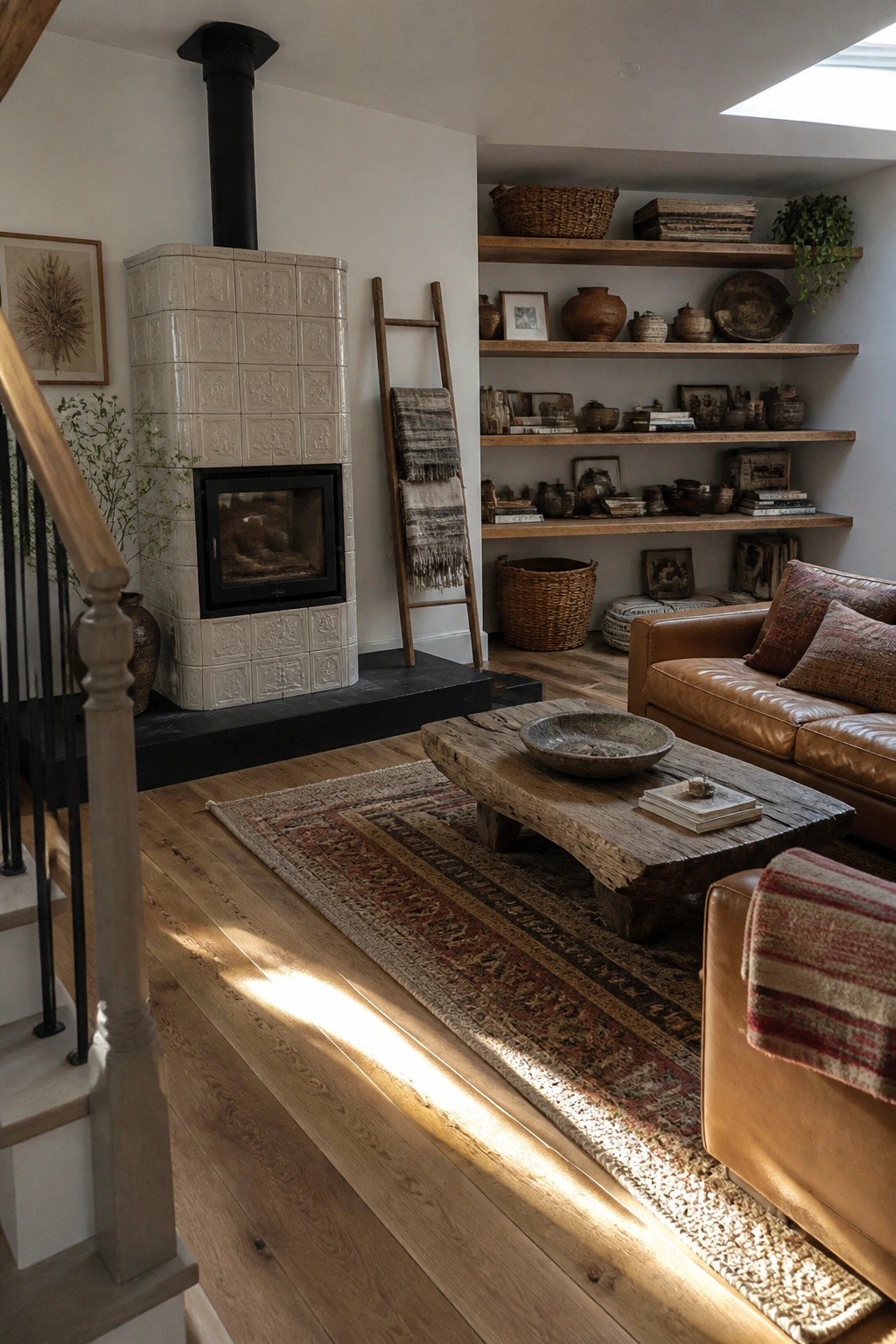Cozy living room with white tiled fireplace, leather sofa, rustic wooden table, and woven rug.