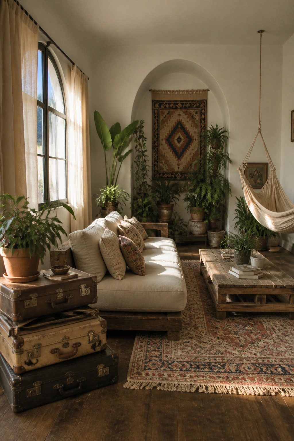 A living room with a low white sofa, stacked vintage suitcases serving as a side table, potted plants, a wooden pallet coffee table, and a patterned rug on dark wood floors.