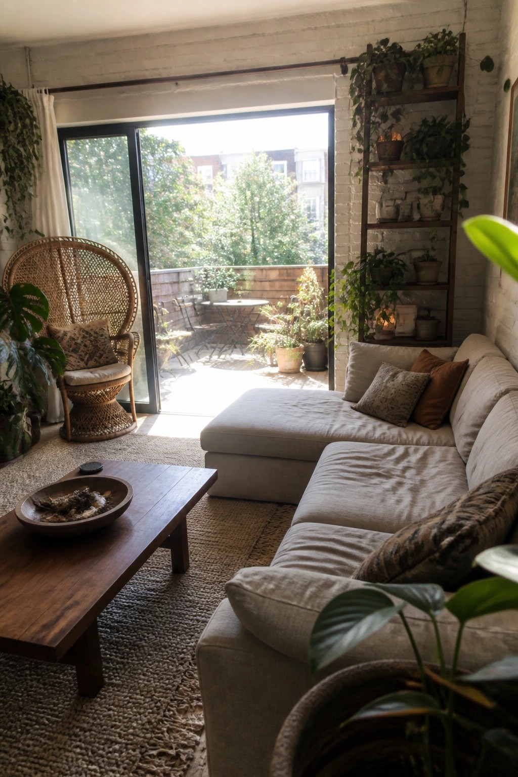 Cozy living room with beige sectional sofa, wooden table, wicker chair, and plant-filled shelves by balcony.