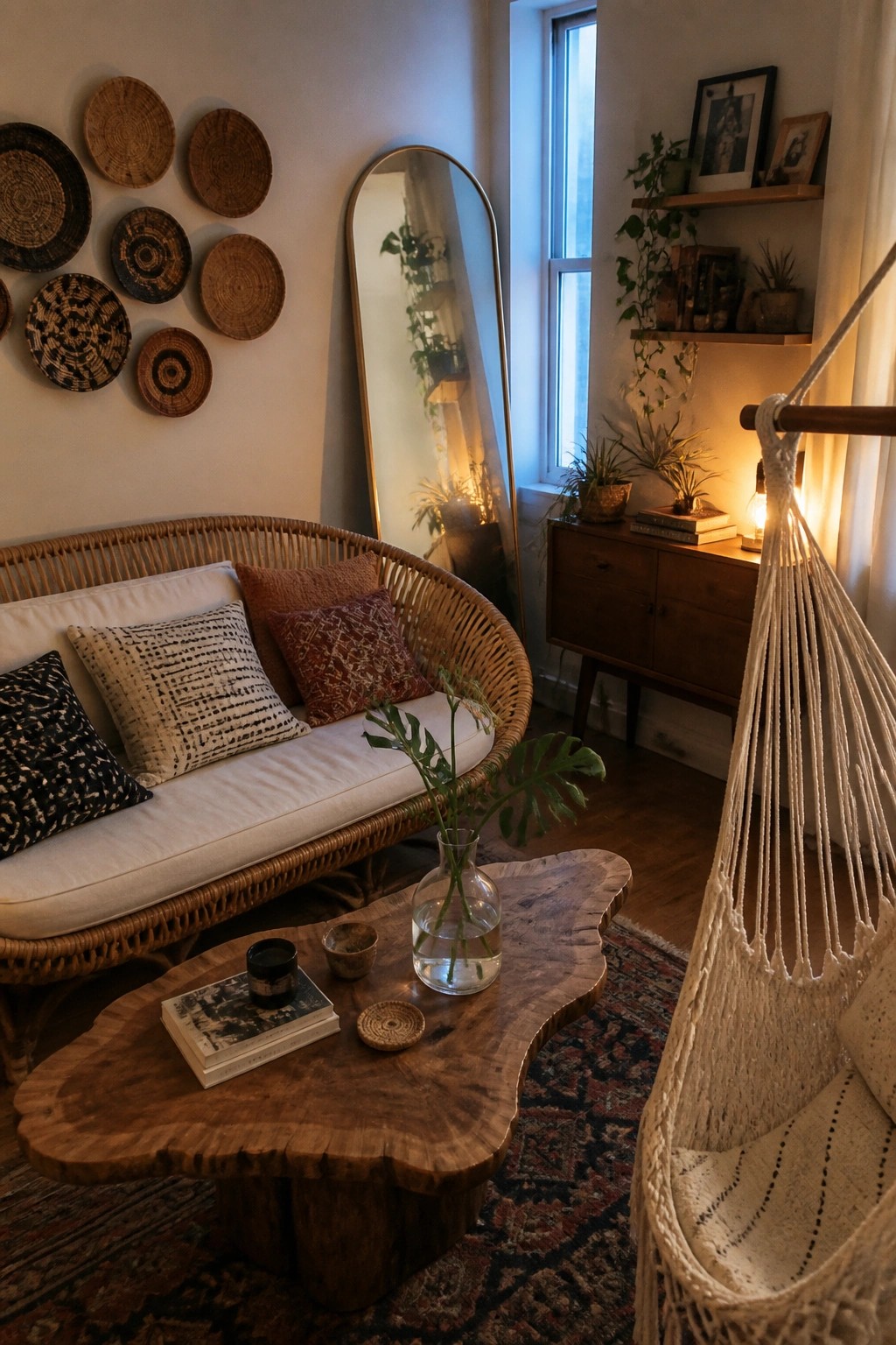A boho living room featuring a rattan sofa with patterned pillows, a live-edge wood coffee table, woven wall baskets, a floor mirror, plants, and a macrame hanging chair.