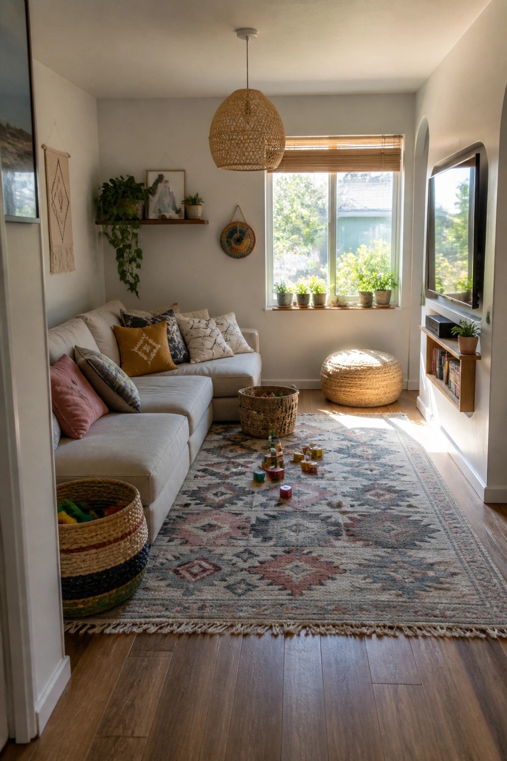A boho living room with a light sectional sofa, patterned rug, wooden floor, woven baskets holding toys, and a window with plants on the sill.