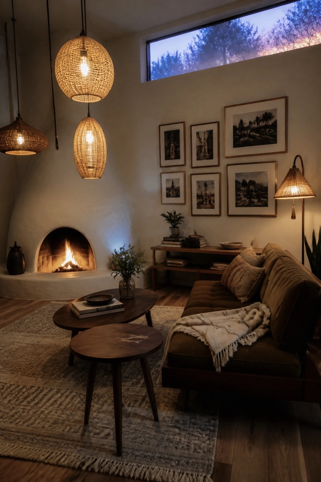 A living room featuring a curved white fireplace, brown sofa with pillows and a throw, round wooden coffee tables, and multiple woven pendant lights hanging from the ceiling.