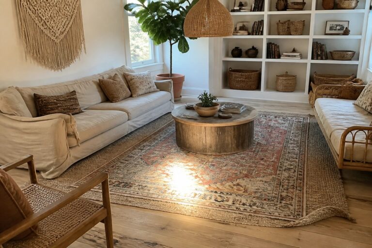 A living room featuring a large patterned rug layered over a natural fiber rug, with a round wood coffee table, sofa, and woven pendant light.