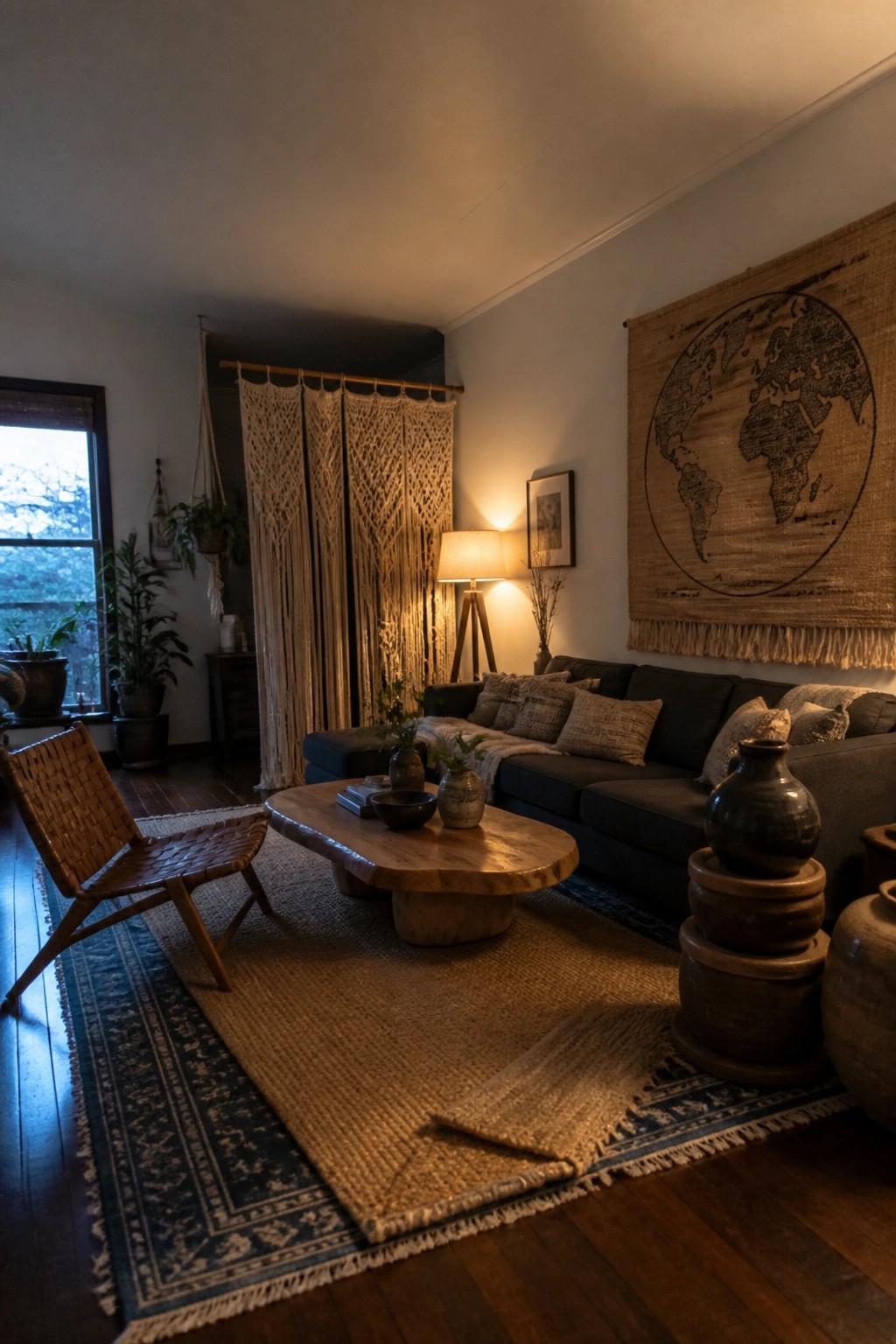A living room with a dark sofa, wooden coffee table, woven accent chair, and multiple layered rugs on a wood floor, including a large patterned rug with a jute rug on top.