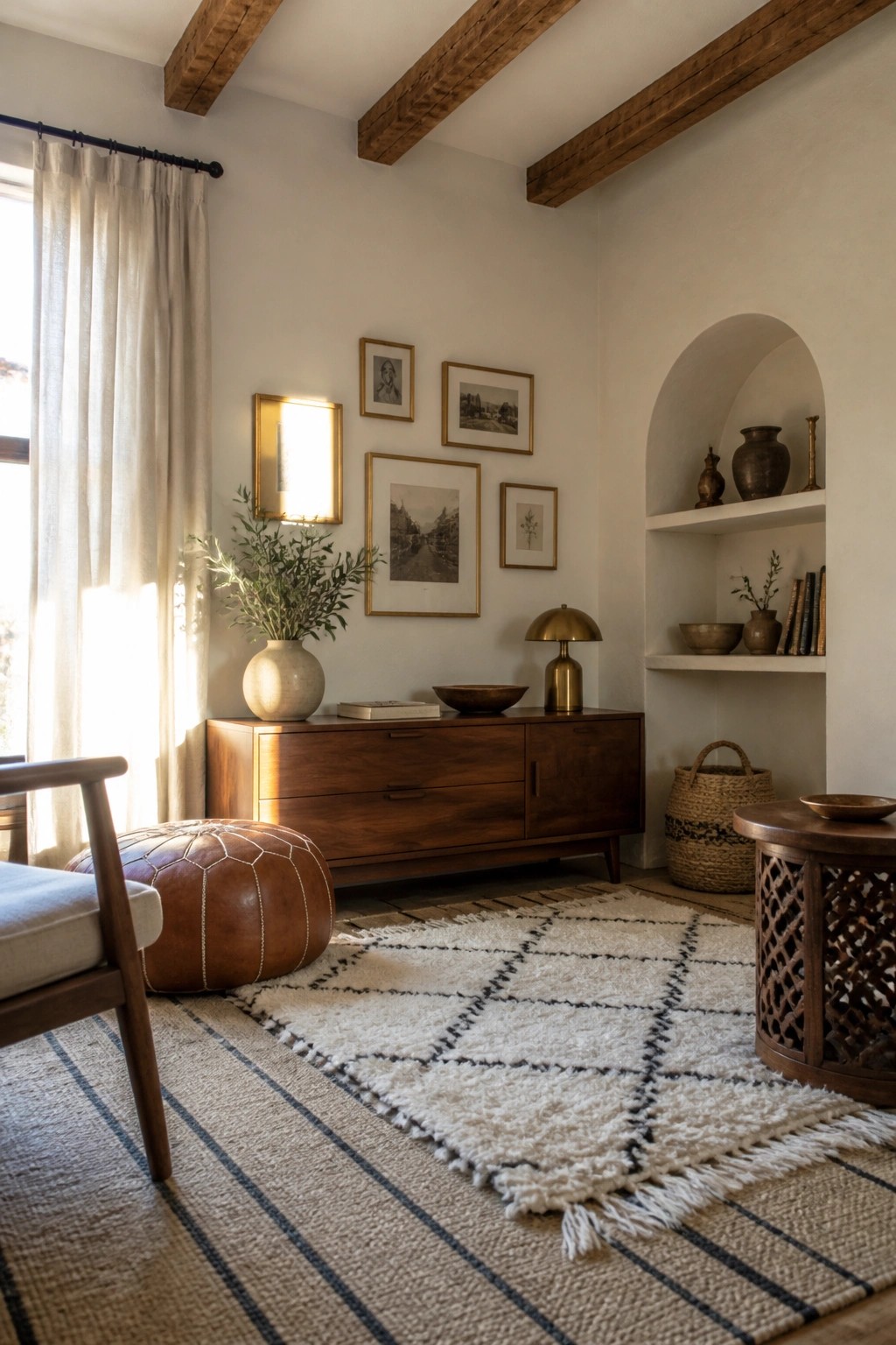 A living room corner showing a large striped rug layered beneath a smaller white shaggy rug with black geometric patterns, next to a brown leather pouf and wooden sideboard.
