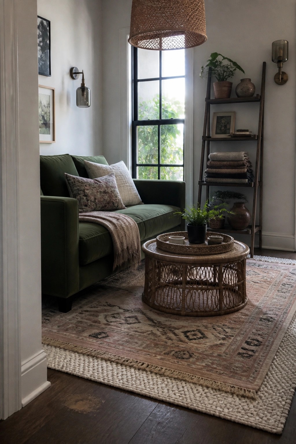 A living room featuring a green velvet sofa, layered patterned and woven rugs on dark wood flooring, a round rattan coffee table, and a tall window with black frames.