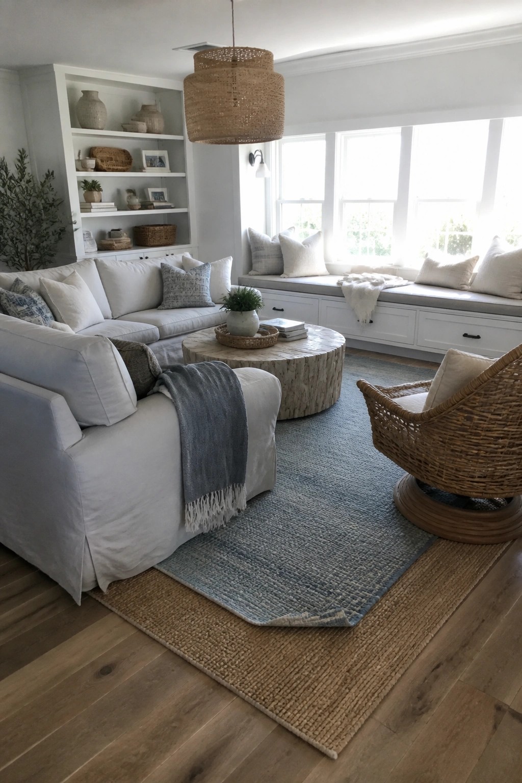 Bright living room with light blue sofa, round wood table, woven chair, and window seat.