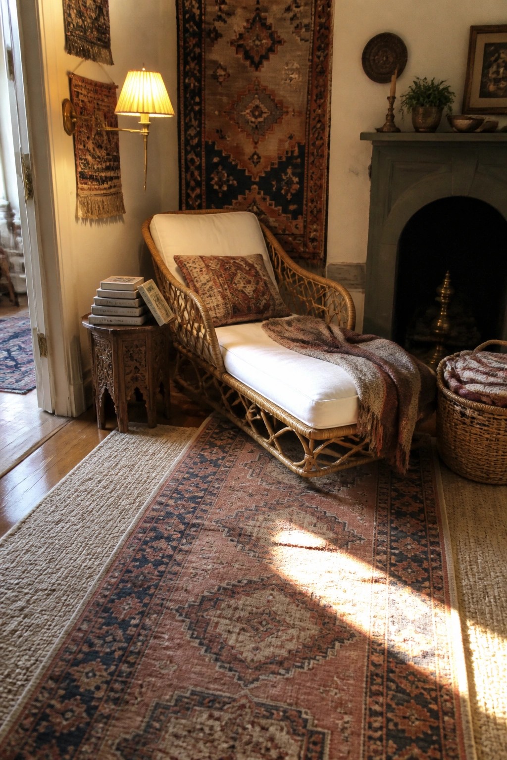 Wicker chaise lounge with white cushions on layered rugs near fireplace.