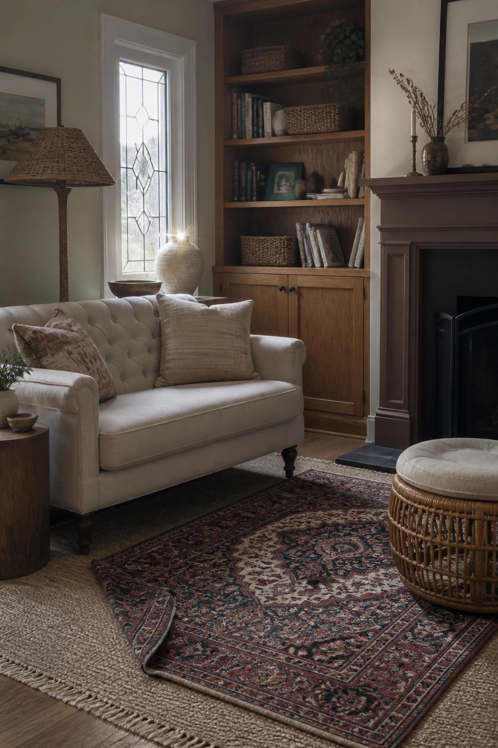 Cozy living room with tufted sofa, patterned rug, wooden bookshelf, and fireplace.