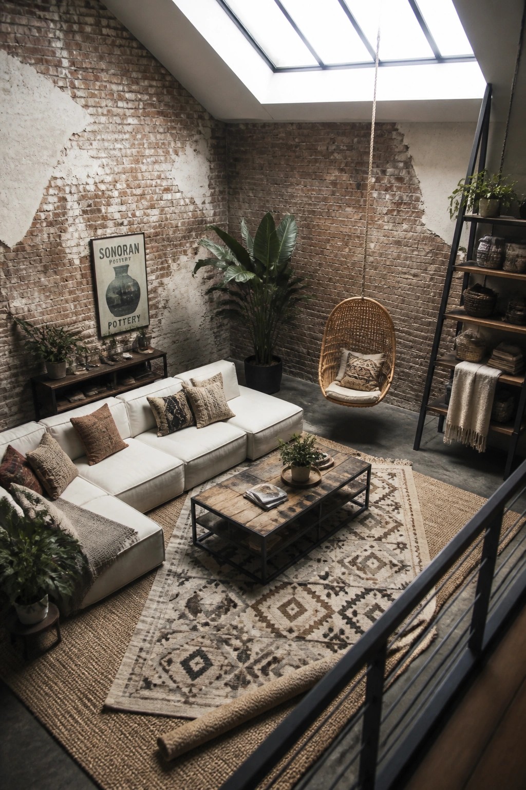 A living room interior featuring a white sectional sofa, wooden coffee table on layered patterned and jute rugs, a hanging wicker chair, potted plants, and exposed brick walls beneath a skylight.