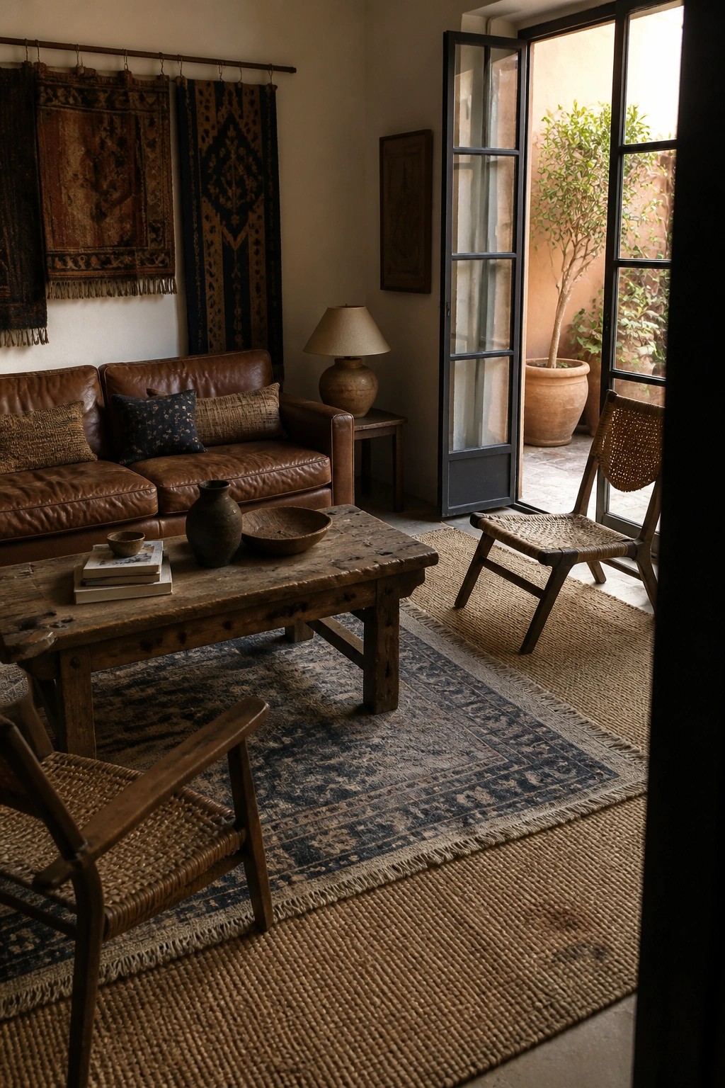 Rustic living room with brown leather sofa, wooden table, woven rugs, chairs, and open patio doors.
