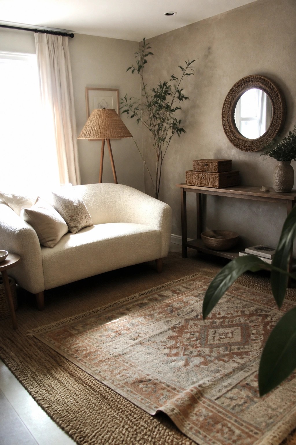 Cozy neutral living room with bouclé sofa, patterned rug, floor lamp, and round mirror