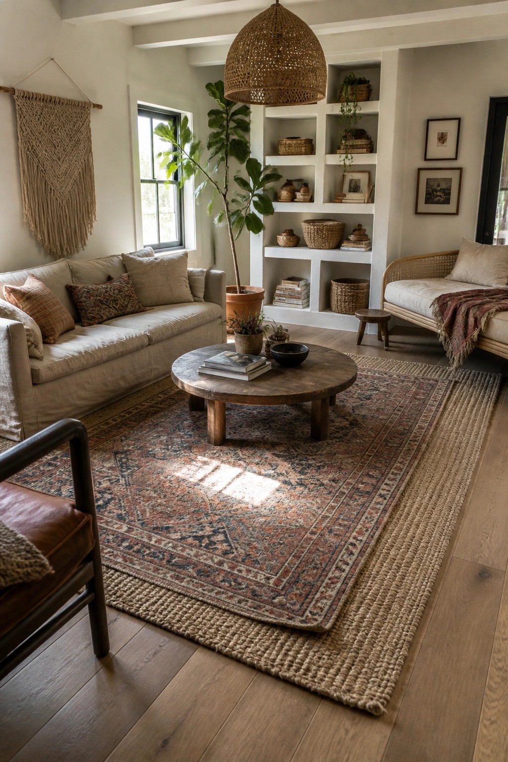 A living room featuring a large patterned rug layered over a natural fiber rug, with a round wood coffee table, sofa, and woven pendant light.
