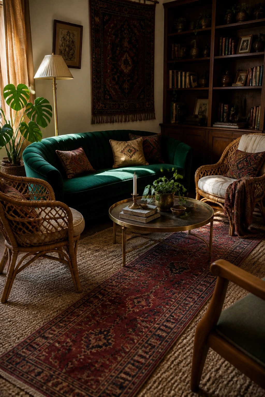 A living room with a green velvet sofa, two rattan chairs, a round coffee table, and two layered rugs on a wood floor.
