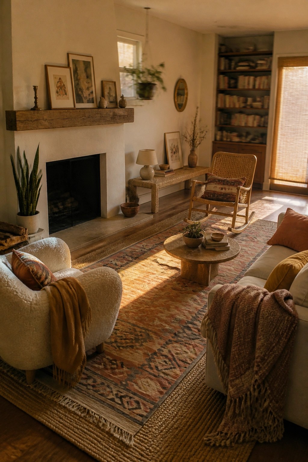 Cozy sunlit living room with fireplace, patterned rug, white armchairs, and wooden rocking chair