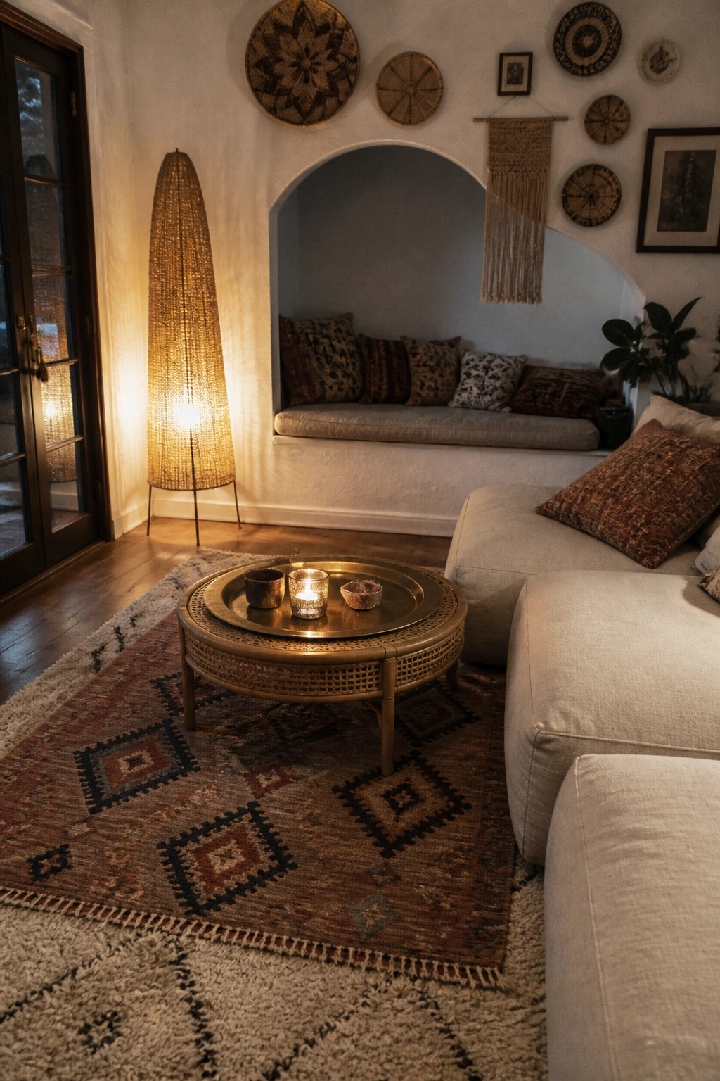 Bohemian living room with arched nook, woven floor lamp, round coffee table on rug