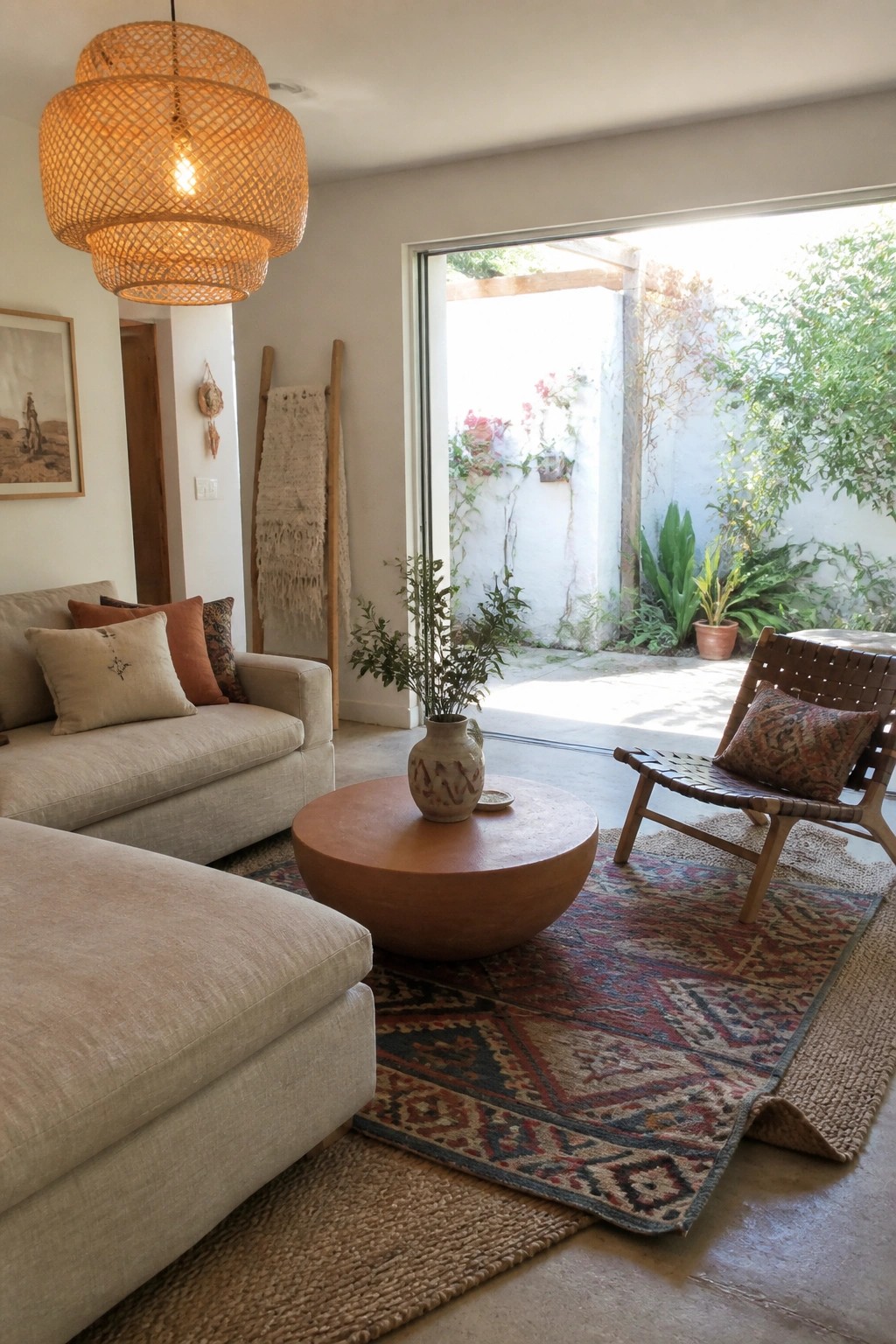 Cozy living room with woven pendant light, beige sofa, round table, colorful rug, and patio view